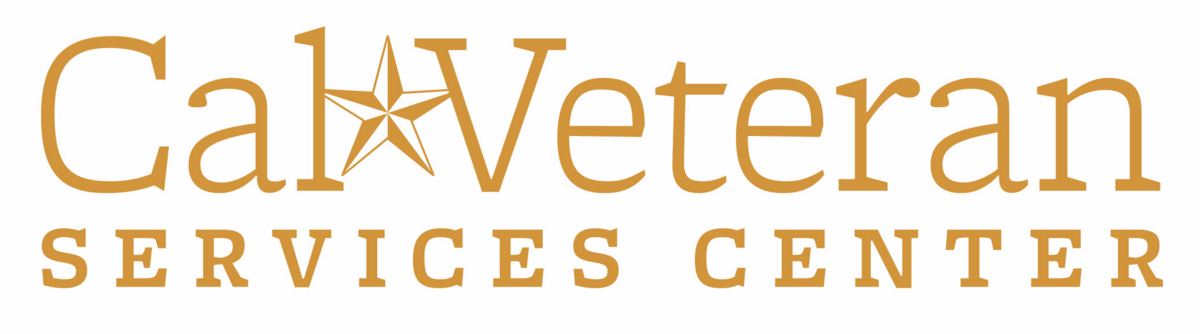 Cal Veteran Services Center logo in gold writing with white background.