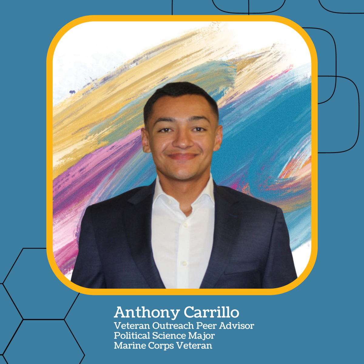 Headshot photo of Latino male student in a blazer and button up shirt with rainbow paintstroke pattern in the background.