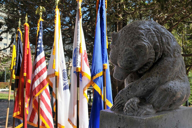 Military flags next to golden bear statue