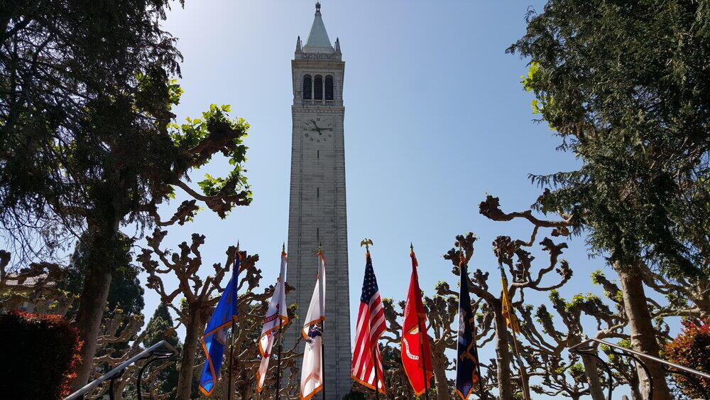 US Military flags in front of the Sather Tower at UC Berkeley